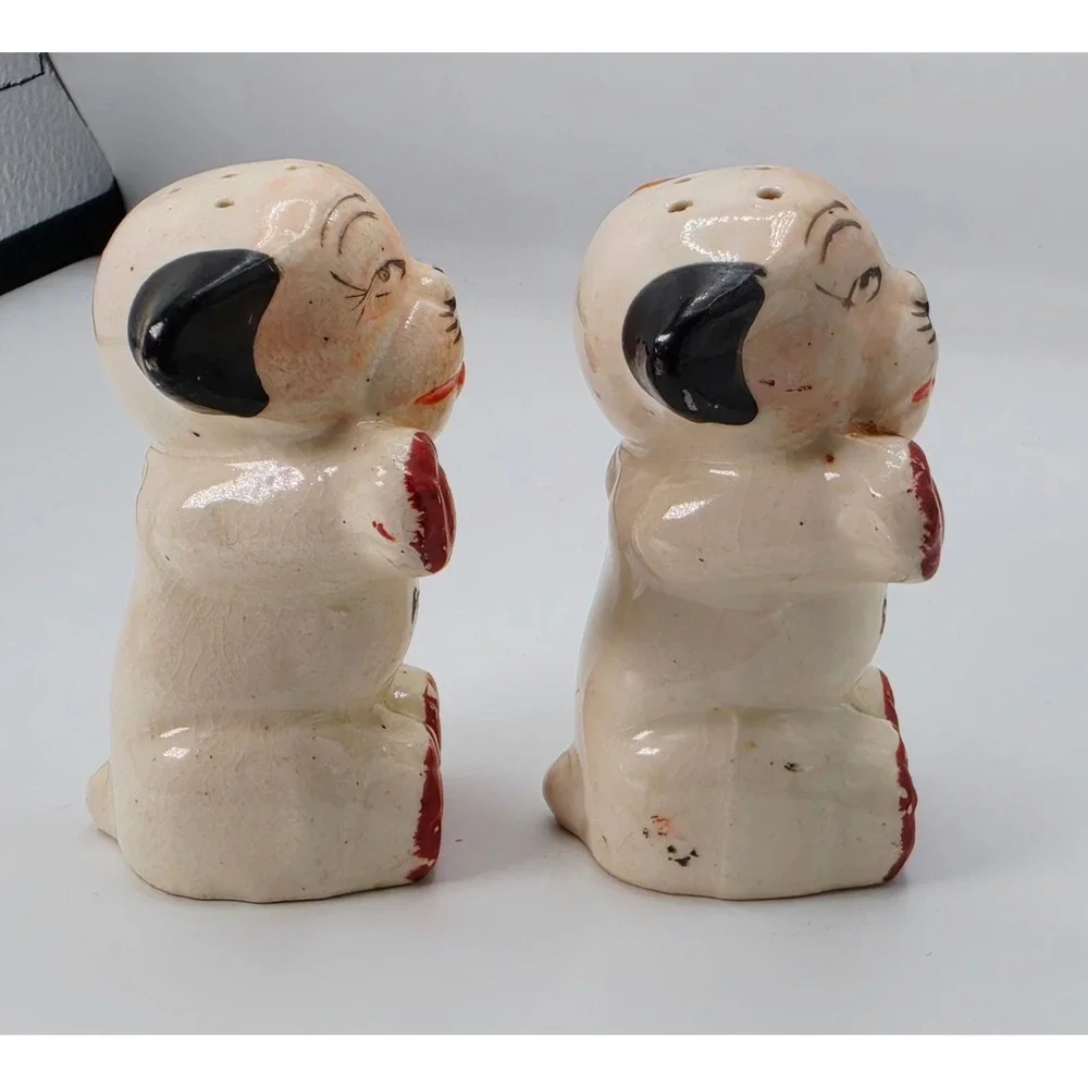 Vintage Japan Winking Puppy Dog Salt and Pepper Shakers Red Boxing Gloves Set